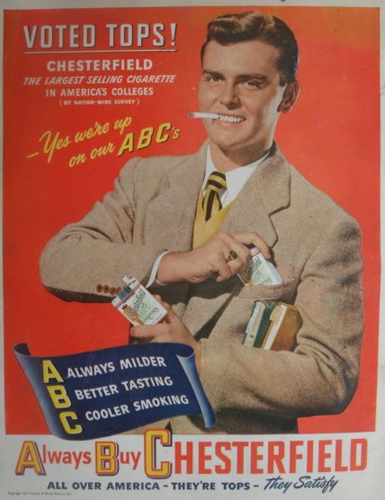 smoking ads 1950s. Above, Chesterfield ad from